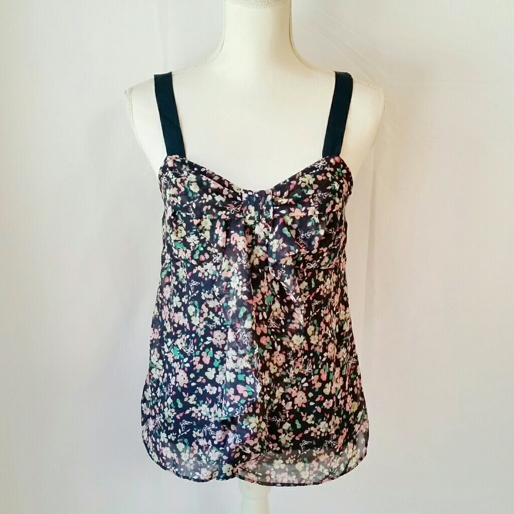 LC Lauren Conrad Navy Floral Bow Ruffle Flowy Tank